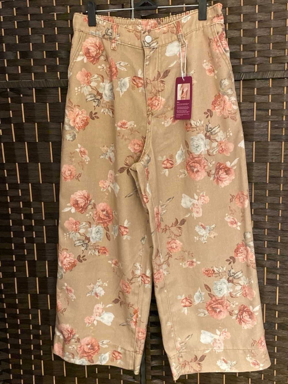 Loveimgs Floral Cropped Jeans in Tan and Pink Ankle-Length Wide Leg Size Large